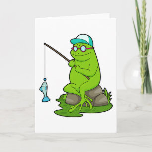 Cartão Rã como pescador com vara de pescar & peixe