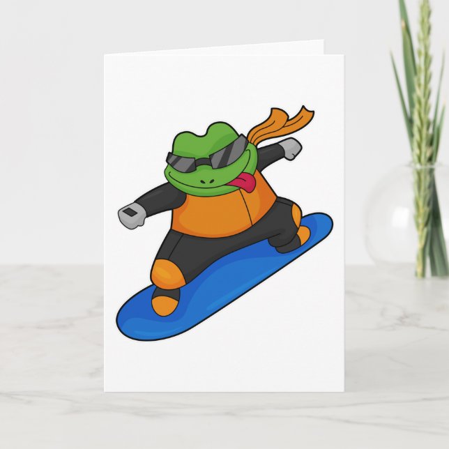 Cartão Rã como praticante de snowboard com prancha de sno (Frente)