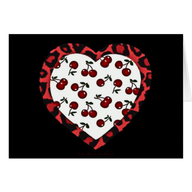 Cartão RAB Rockabilly Cherries Leopard Print Heart (Frente Horizontal)