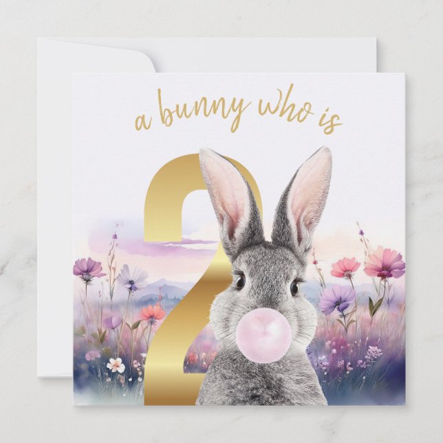 Cartão Rabbit Segundo Aniversário soprando pastilha elást (Frente)