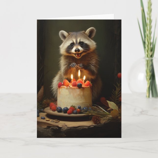 Cartão Raccoon com Bolo de Aniversário (Frente)