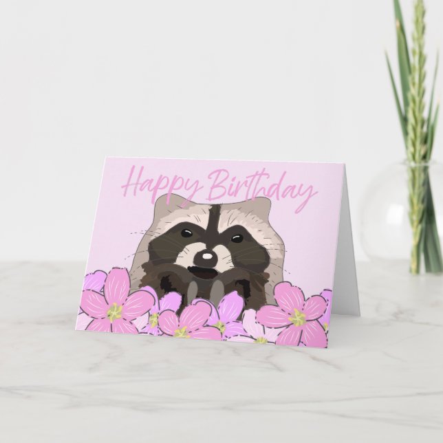 Cartão Raccoon em Flores Bonito Rosa Selvagens Aniversári (Frente)