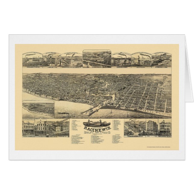 Cartão Racine, mapa panorâmico dos WI - 1883 (Frente Horizontal)