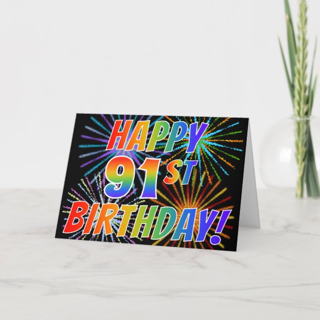 Cartão Rainbow Pattern "HAPPY 91RUA BIRTHDAY!" + Firework (Frente)