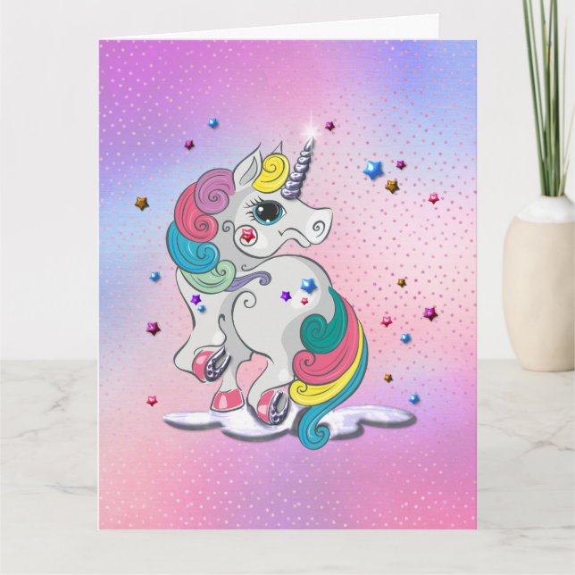 Cartão Rainbow Unicorn e Stars Aniversário (Frente)