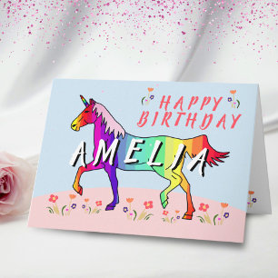 Cartão Rainbow Unicorn Flower Girl Happy Birday