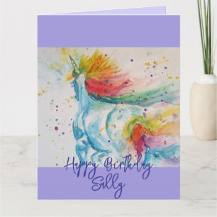 Cartão Rainbow Unicorn lilac Watercolor Girls Aniversário