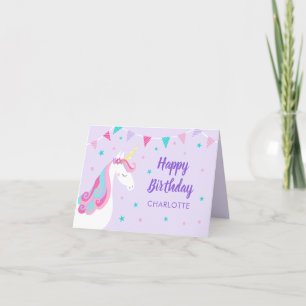 Cartão Rainbow Unicorn Personalizado Roxo Aniversário