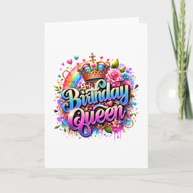 Cartão Rainha de Aniversário Arco-Íris Floral (Frente)