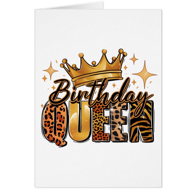 Cartão Rainha de Aniversário com Leopardo de Coroa Dourad (Frente)