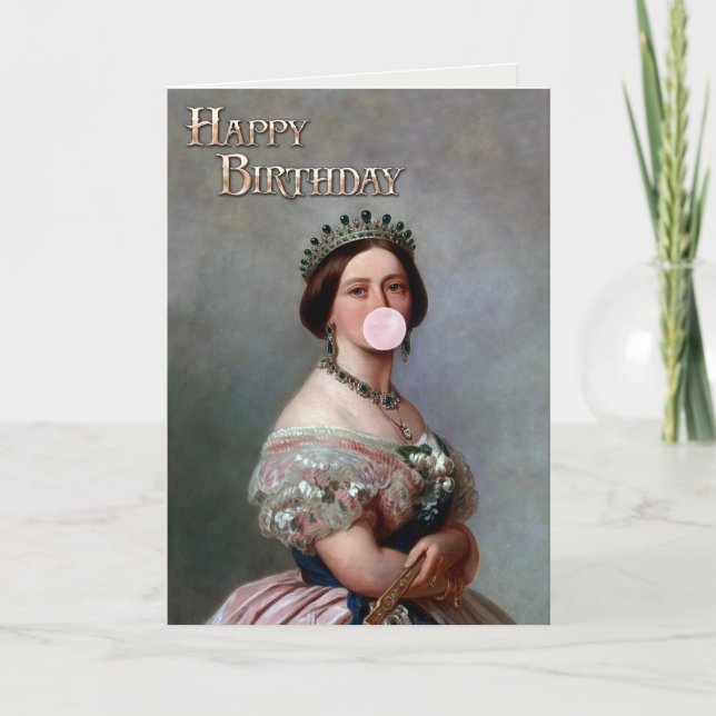 Cartão Rainha Vitória, cor-de-rosa, soprando a pastilha e (Frente)