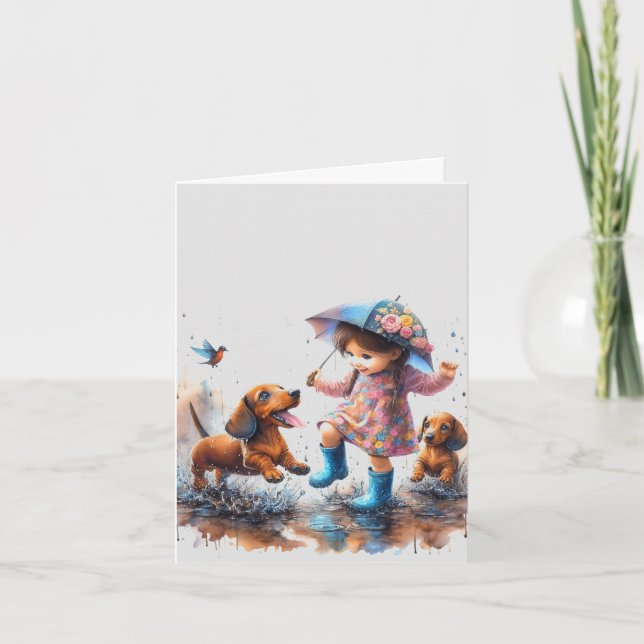 Cartão Rainy Days Dachshund (transferível) (Frente)
