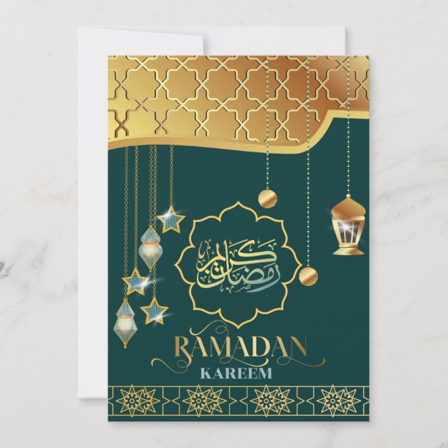 Cartão Ramadan Kareem Ouro Caligrafia Árabe Verde (Frente)
