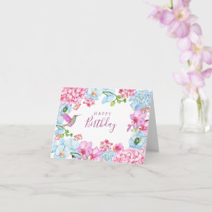 Cartão Ramo floral azul rosa com aniversário feliz de pás