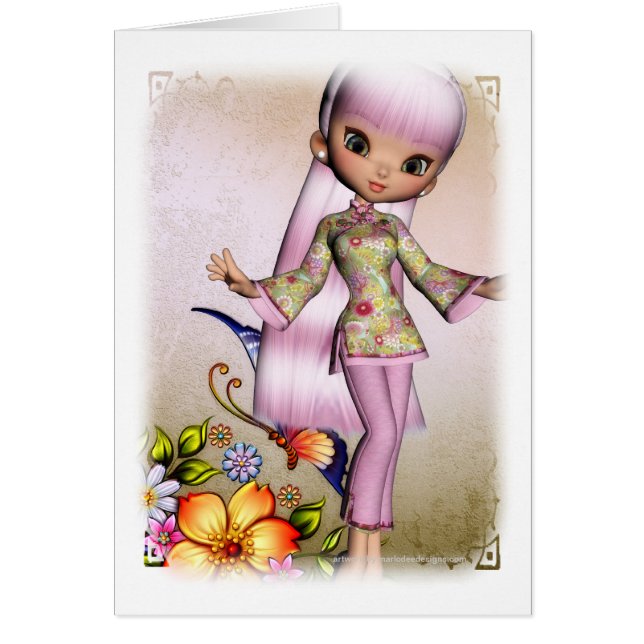 Cartão Rapariga Asiática Belos Flores Design 4 Card (Frente)