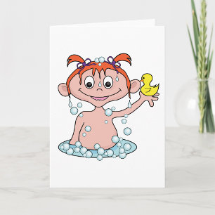 Cartão Rapariga Bath Time Divertida com Pato de Borracha 