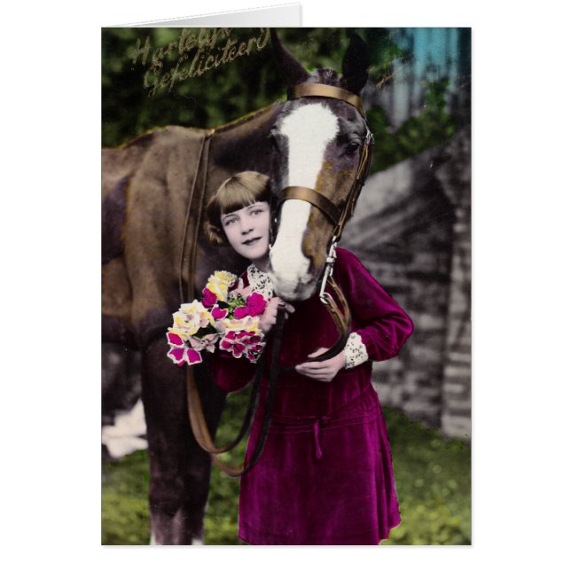 Cartão Rapariga com Flores e um Cavalo de Castanheiro (Frente)