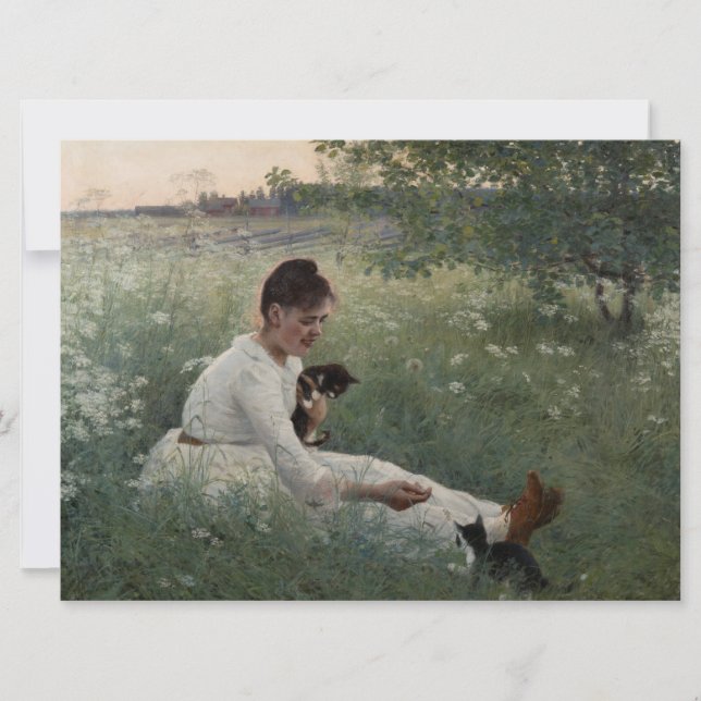 Cartão Rapariga com Gatos na Paisagem de Verão (Kittens) (Frente)