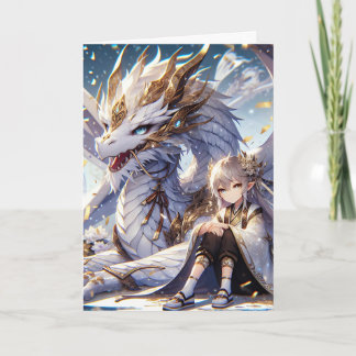 Cartão Rapariga de Anime e Branca e Dragão Dourado