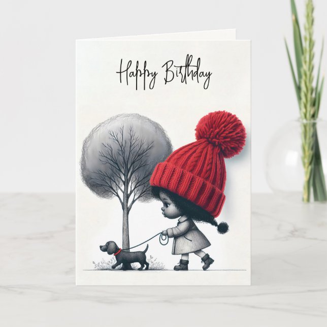 Cartão Rapariga de Aniversário a Caminhar o Cachorro (Frente)