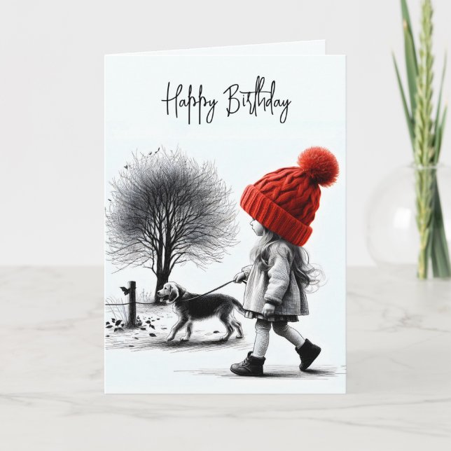 Cartão Rapariga de Aniversário a Caminhar o Cachorro (Frente)
