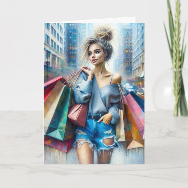 Cartão Rapariga De Aniversário Comprando Na Grande Cidade (Frente)