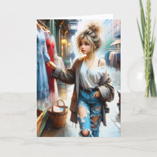 Cartão Rapariga De Aniversário Comprando Na Grande Cidade