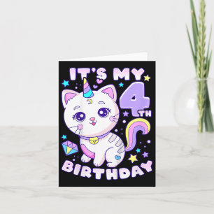 Cartão Rapariga de aniversário de 4 anos, Cat, Unicórnio,