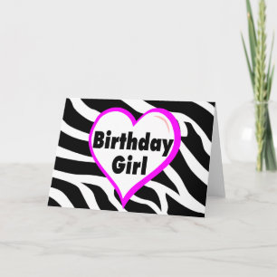 Cartão Rapariga de aniversário (Heart Zebra Stripes)