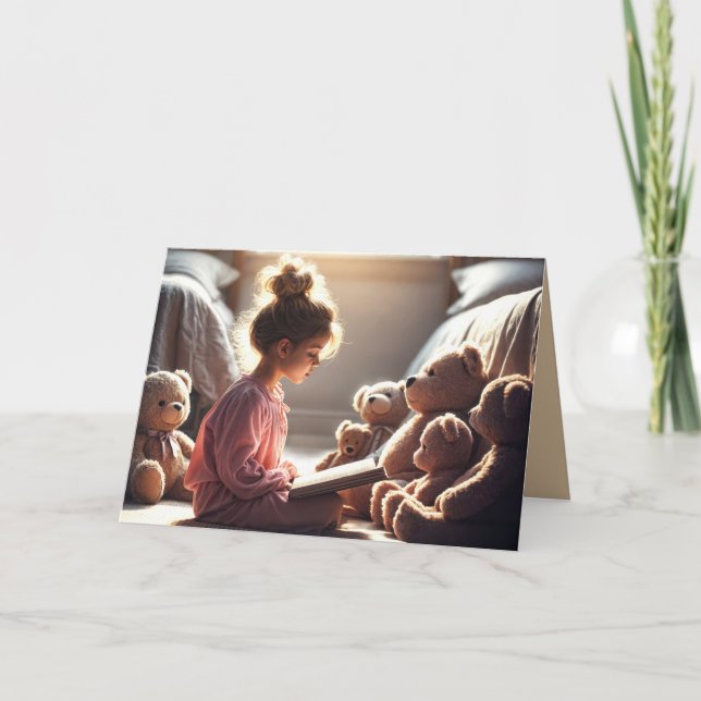 Cartão Rapariga De Aniversário Lendo Ursos De Teddy (Frente)