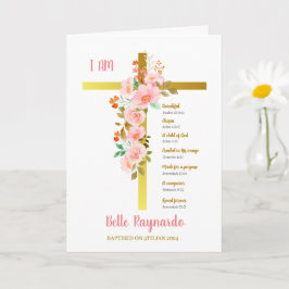 Cartão Rapariga do Batismo Rosa e Flores Vermelhas em Cru