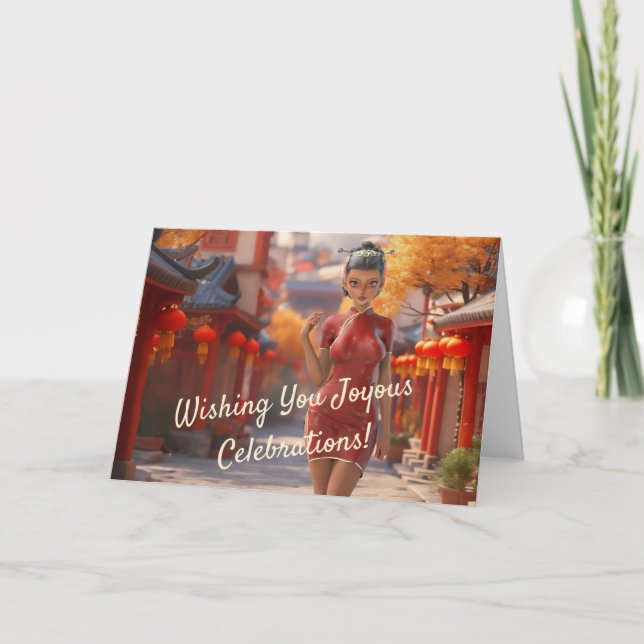 Cartão Rapariga Exótica Celebrando Ano Novo Chinês (Frente)