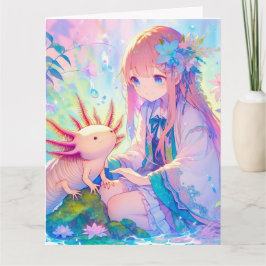 Cartão Rapariga Grande e Axolotl Personalizado Aniversári