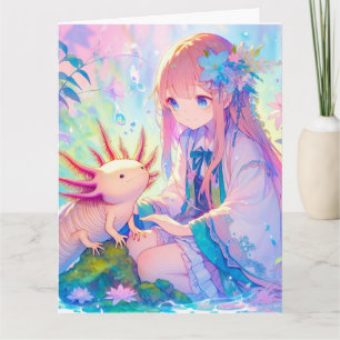 Cartão Rapariga Grande e Axolotl Personalizado Aniversári