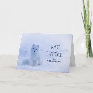 Cartão Rapariga Raposa Ártica na Neve Feliz Natal