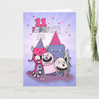 Cartão Raparigas 11 de Aniversário Rosa em Monstros de Ca