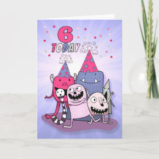 Cartão Raparigas 6 de Aniversário Rosa em Monstros de Car