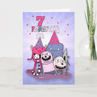 Cartão Raparigas 7 de Aniversário Rosa em Monstros de Car