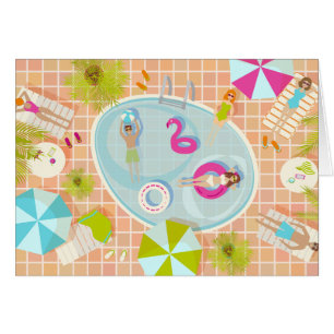 Cartão Raparigas Bikini e caras jogando piscina de nataçã