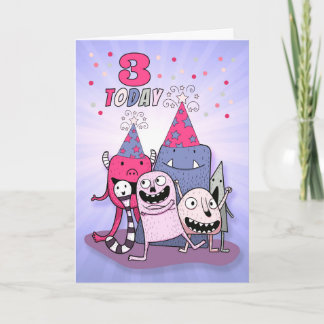 Cartão Raparigas de 3° aniversário de monstro rosa e roxo