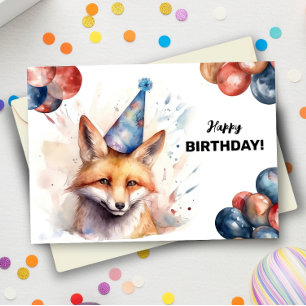 Cartão Raposa com Balões e Feliz Aniversário do Partido