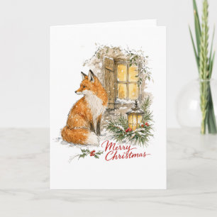Cartão Raposa de Natal em Aquarela com Lanterna