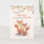 Cartão Raposa Irmã de Aniversário, Folhas em Ramais<br><div class="desc">Deseje a sua irmã feliz aniversário com estas raposas doces e modernas. Colocados em frente às folhas e galhos,  são proeminentes e refletem a alegria de uma irmã.</div>