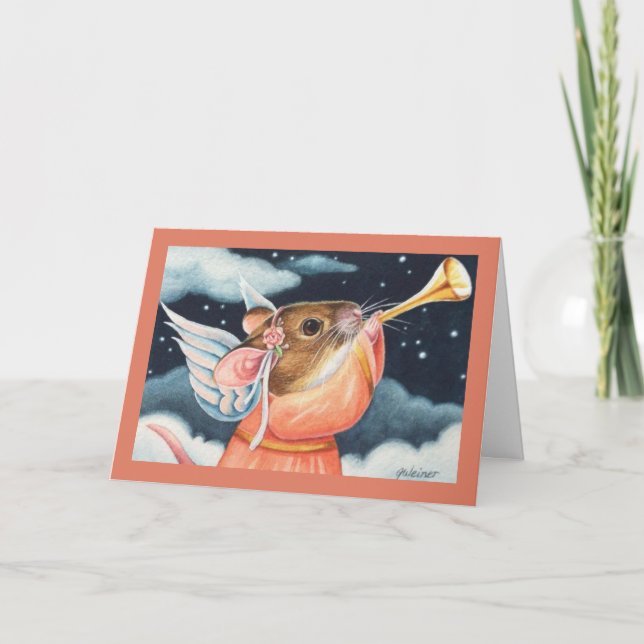 Cartão Rato Anjo de Natal e Trombeta Arte Aquarela (Frente)