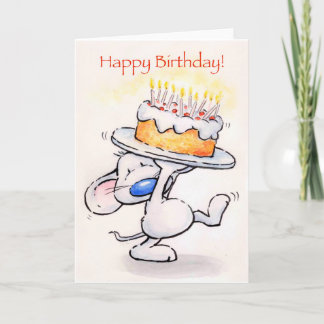 Cartão Rato bonito segurando um grande bolo, Feliz Aniver