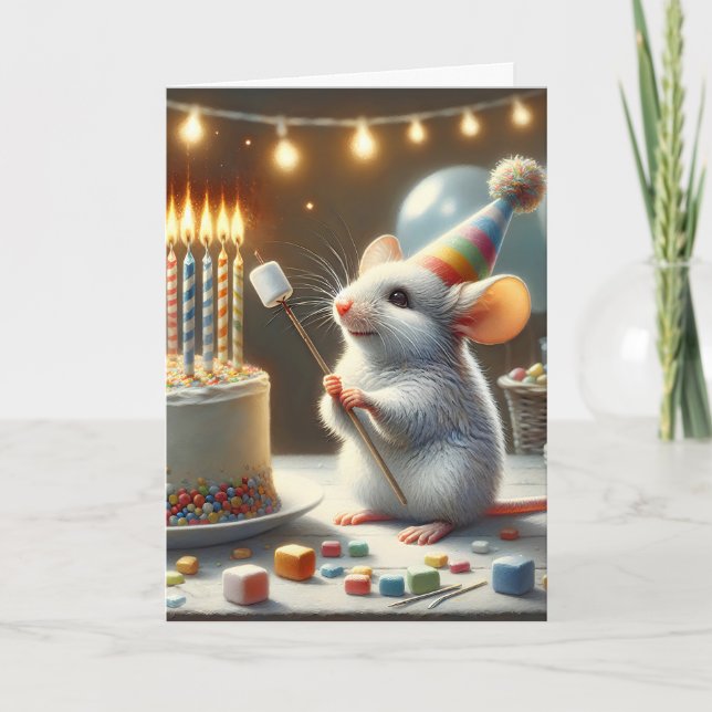 Cartão Rato de aniversário com marshmallow (Frente)