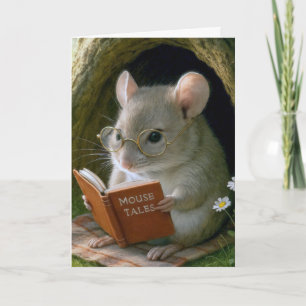 Cartão Rato de aniversário lendo um livro em buraco de ár