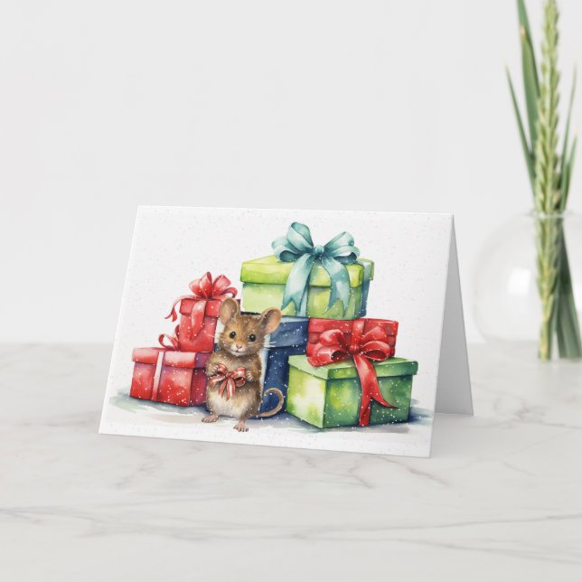 Cartão Rato De Aquarela Com Presentes De Natal (Frente)