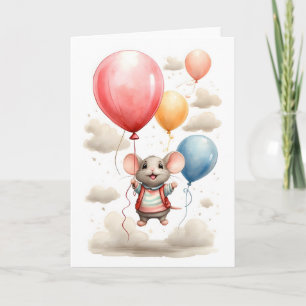 Cartão Rato de Aquarela Fofo Flutuando com Balões em Bran