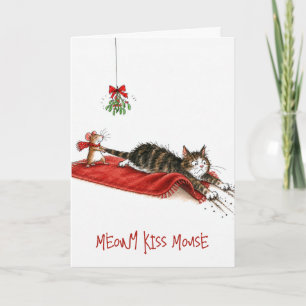 Cartão Rato de Natal Arrastando um Gato Sob um Visco